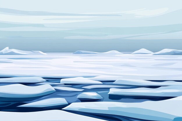 Photo a panoramic view of an icy landscape with large flat ice floes floating on dark blue water under a cloudy sky