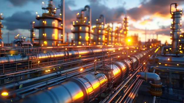 A panoramic view of an industrial refinery at sunset showcasing intricate pipework and towering structures