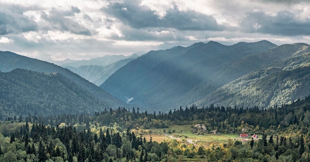 Panoramic view of LagoNaki Plateau with Fisht shelter at Caucasus mountains background Russian famous tourist place