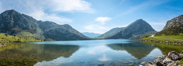 Panoramic view of Lake Enol in the Lakes of Covadonga Asturias Spain