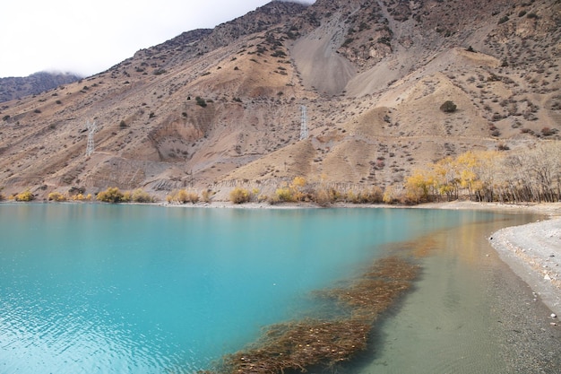 Panoramic view of lake Iskanderkul in the Fann mountains of Tajikistan