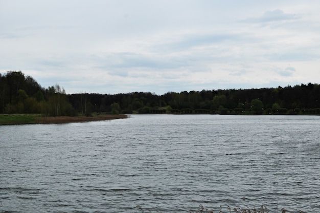 Panoramic view of the lake. Lake on a background of clouds. Cloudy spring day.