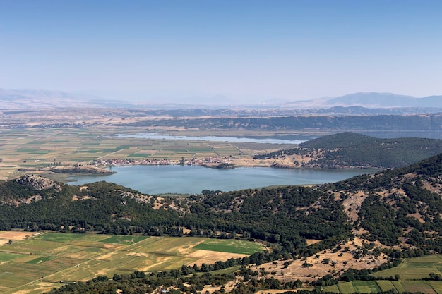 Panoramic view of the lakes Zazari and Hemaditida from a height northwest Greece Macedonia and mountains on a summer sunny day