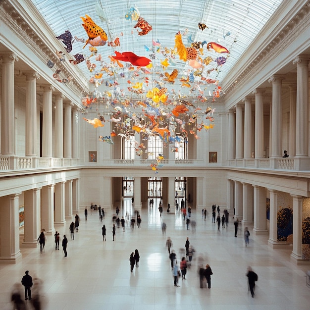 Photo a panoramic view of a large museum atrium with hanging art installations