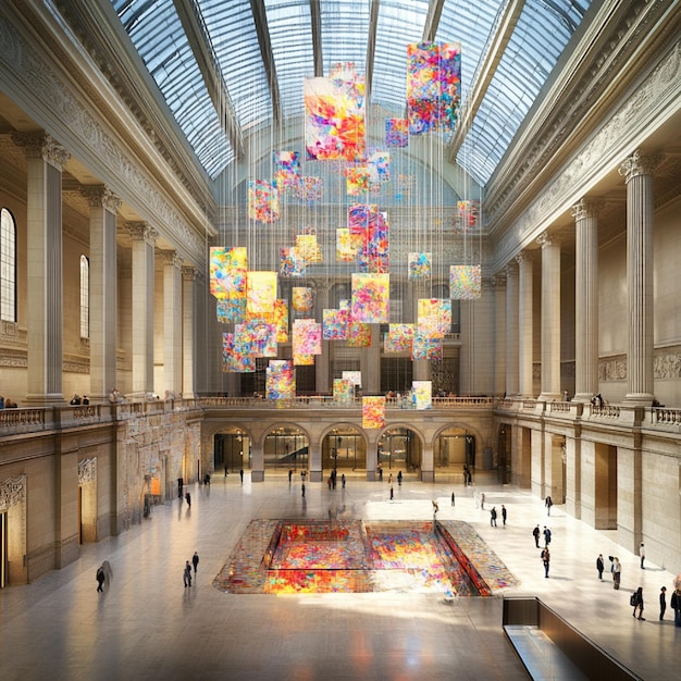 Photo a panoramic view of a large museum atrium with hanging art installations