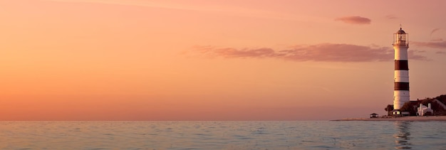 Panoramic view of a lighthouse. Lighthouse on Tendra Spit, Kherson Oblast, Ukraine. Banner. Copy space.