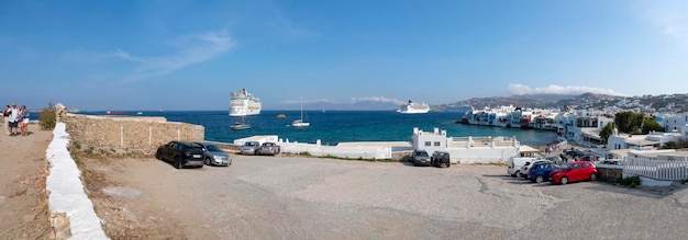 Panoramic view of Little Venice and cruise ships in Mykonos Greece