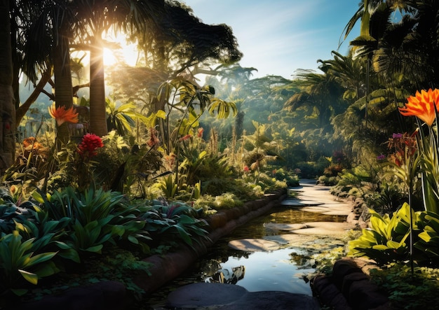 A panoramic view of a lush botanical garden showcasing a variety of plants in different shapes