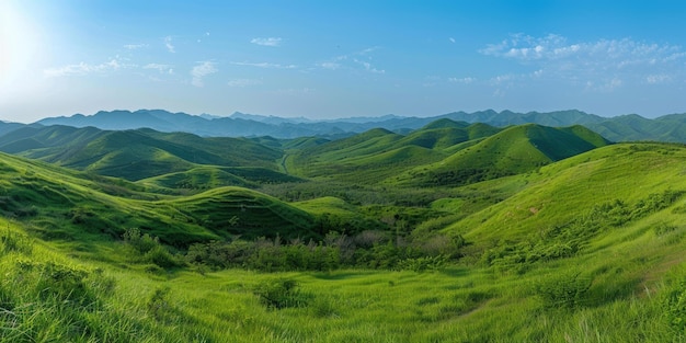 A panoramic view of lush green hills under a clear blue sky