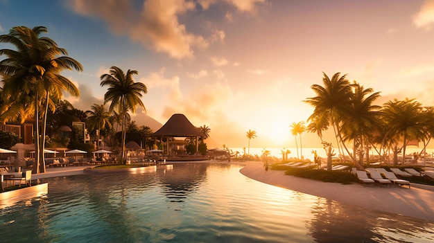 A panoramic view of a luxurious beach resort in a tropical paradise overlooking the turquoise sea at sunset