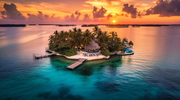 A panoramic view of a luxurious private island retreat during a stunning summer sunset showcasing lavish amenities and crystalclear waters