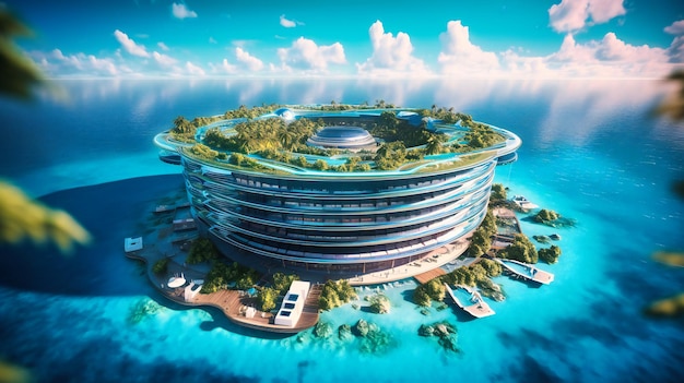 A panoramic view of a luxurious space resort floating above a crystalclear ocean with a tropical color grade