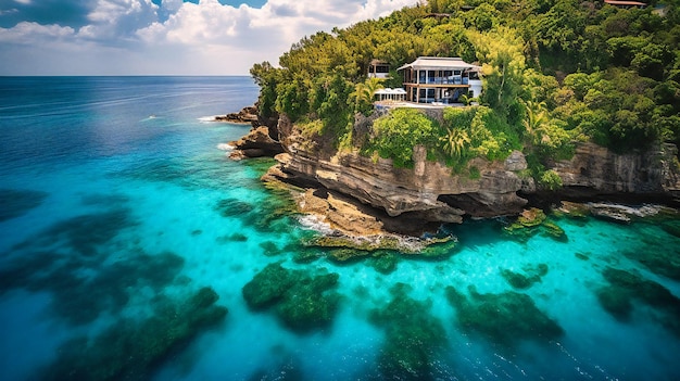 A panoramic view of a luxurious villa overlooking a turquoise sea surrounded by tropical greenery