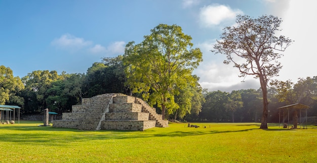 Panoramic view of the Mayan pyramids in The temples of Copan Ruinas and their natural environment