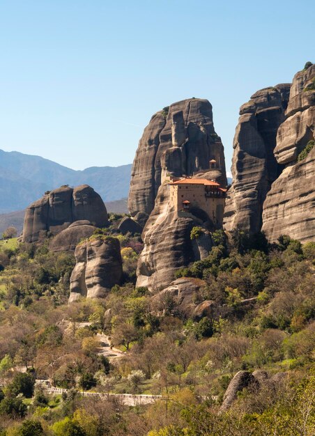 Panoramic view of the Meteora Mountains and Monastery of St Nicholas of Anapavsas from in Greece