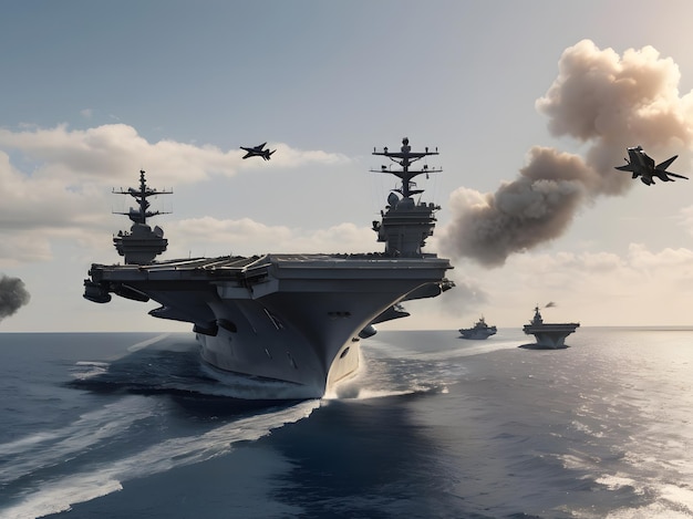 Panoramic View of Military Aircraft Carrier Fighter Jets Take Off in Special Operation Generative AI