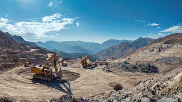 Photo a panoramic view of a mining site with heavy machinery in a mountainous landscape