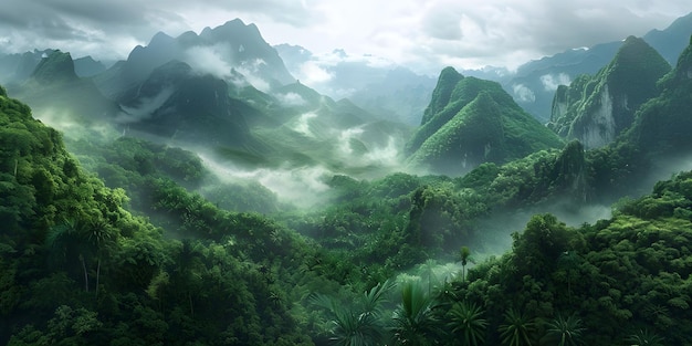 Panoramic view of misty mountains and lush green valleys Ai Generated