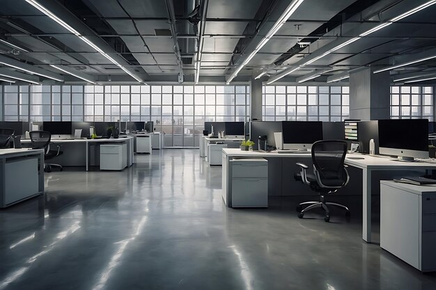 A panoramic view of a modern office floor with rows of