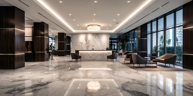 A panoramic view of a modern and professional commercial lobby with gleaming marble flooring