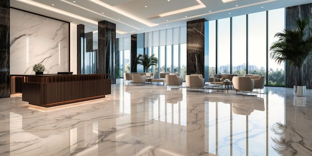 A panoramic view of a modern and professional commercial lobby with gleaming marble flooring