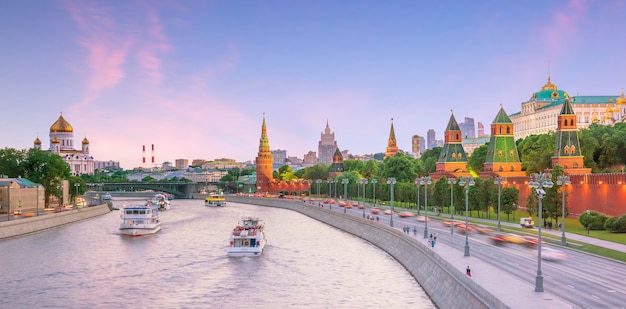 Panoramic view of the Moscow river and the Kremlin palace in Russia at sunset