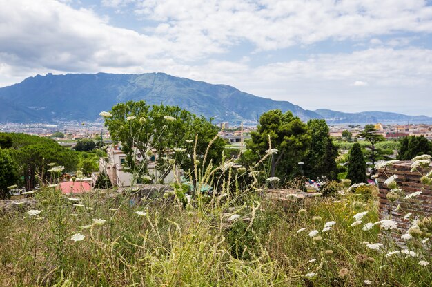 Panoramic view to the mountain from the ancient city of pompeii naples italy