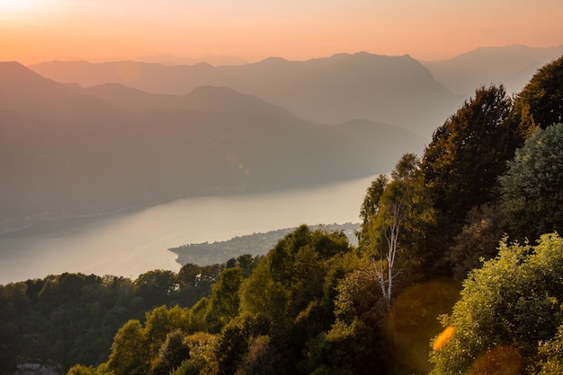 Panoramic view of a mountain lake on sunset beautiful natural landscape