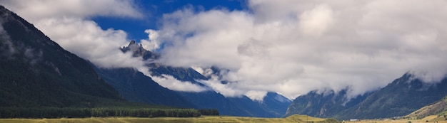 Panoramic view of the mountain range in the North Caucasus in Russia.