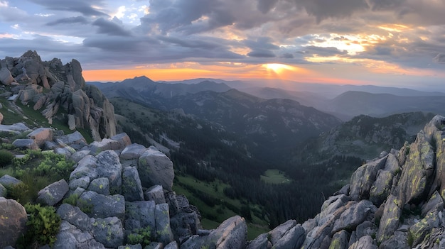 A panoramic view of a mountain range at sunrise