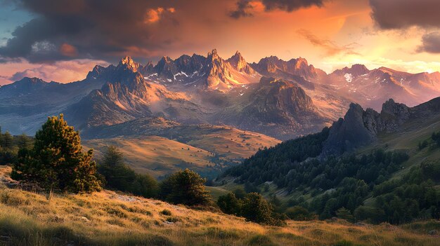 Photo a panoramic view of a mountain range with a dramatic sunset sky