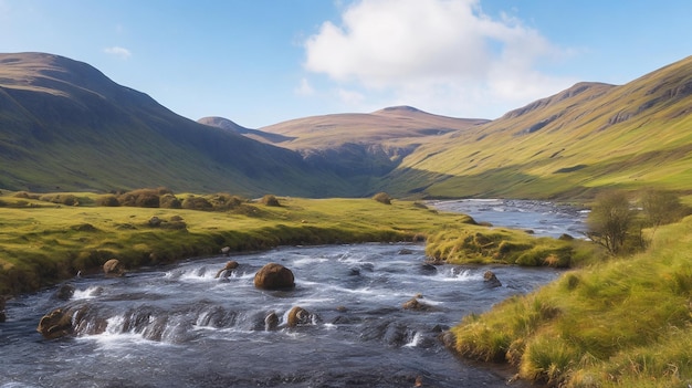 Panoramic view of a mountain river flowing through a valley in Scotland