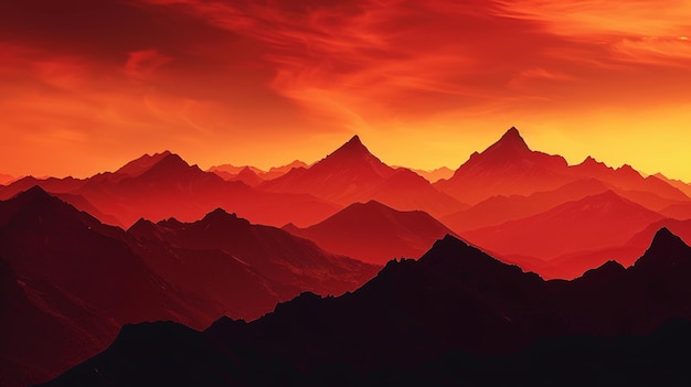 A panoramic view of mountain silhouettes under a fiery red sky the sharp peaks and ridges highlighted by the vibrant background The image is powerful and breathtaking