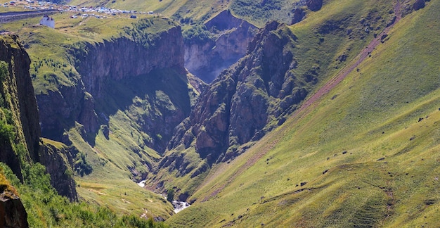 Panoramic view of the mountain valley near Elbrus in the North Caucasus