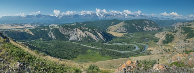 Panoramic view of the mountain valley summer day