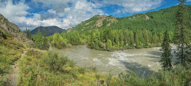 Panoramic view of mountain valley with river