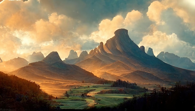 panoramic view of mountains and sky. 3d rendering. Raster illustration.