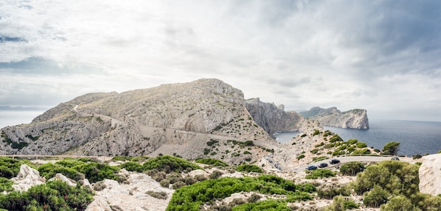 Panoramic view of mountains in Spain. Beautiful landscape with sea view at sunrise.