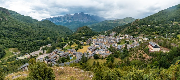 Panoramic view of the mountains and the town of Panticosa in the Pyrenees Huesca Spain