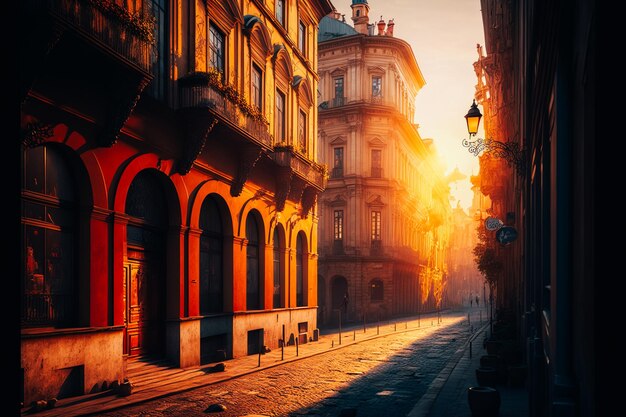 A panoramic view of a narrow Stockholm street in the early morning