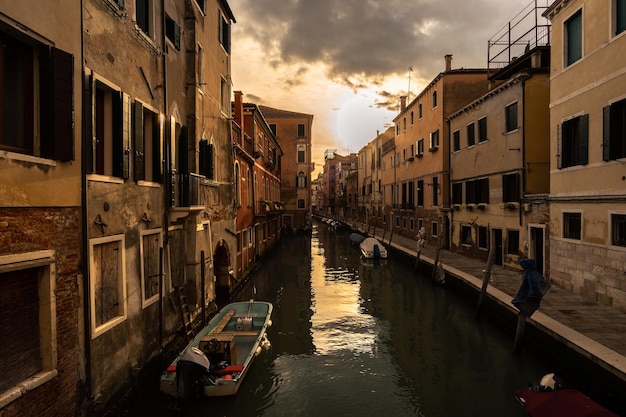 Panoramic view of old buildings in Venice Italy at sunset