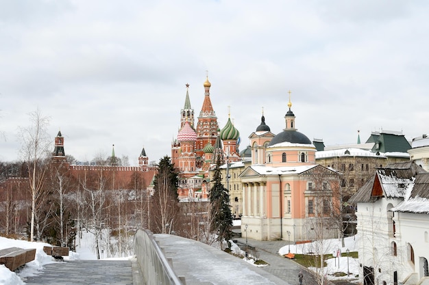 Panoramic view of the old churches and the Moscow Kremlin Cloudy day in the city