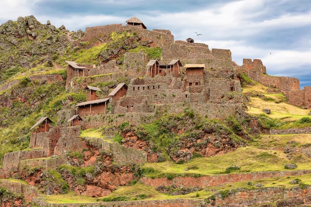 Panoramic view on the Old Ruins of Pisac city. Sacred Valley of inca. Cusco. Peru. South America