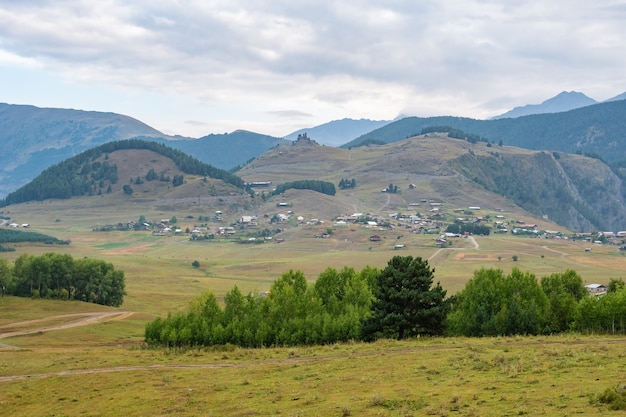 Panoramic view to Omalo mountain village in Tusheti nature reserve. Georgia