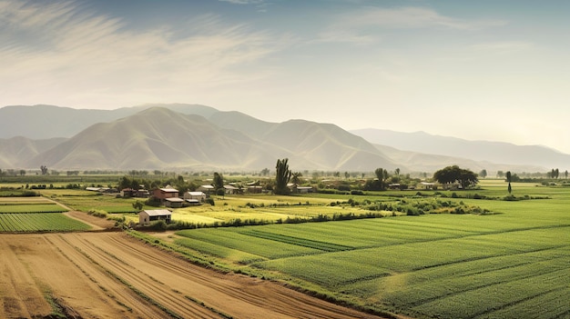 Panoramic view photo of traditional farmland and crops generative AI