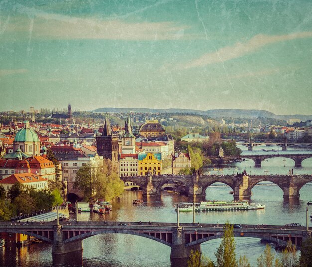 Panoramic view of Prague bridges over Vltava river