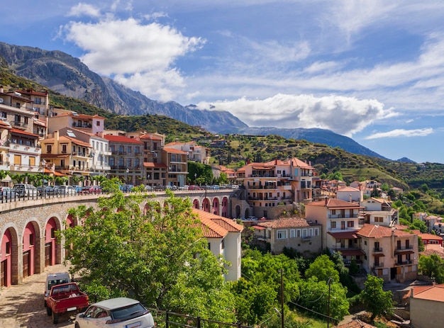 Panoramic view of the resort town of Arachova in the Parnassus mountains in Greece on a sunny day