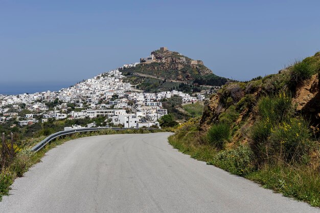 Panoramic view of the resort town of Chora and road Northern Sporades Skyros island Greece