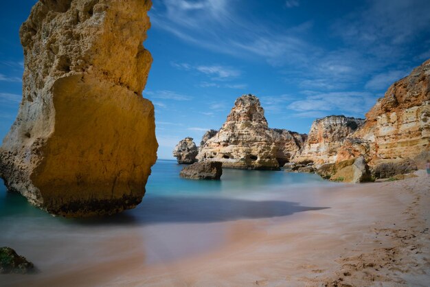 Panoramic view of rock formation in sea against sky