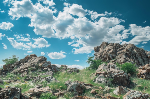 Photo panoramic view of rocky hill valley in nature under cloudy blue sky scenic outdoor landscape